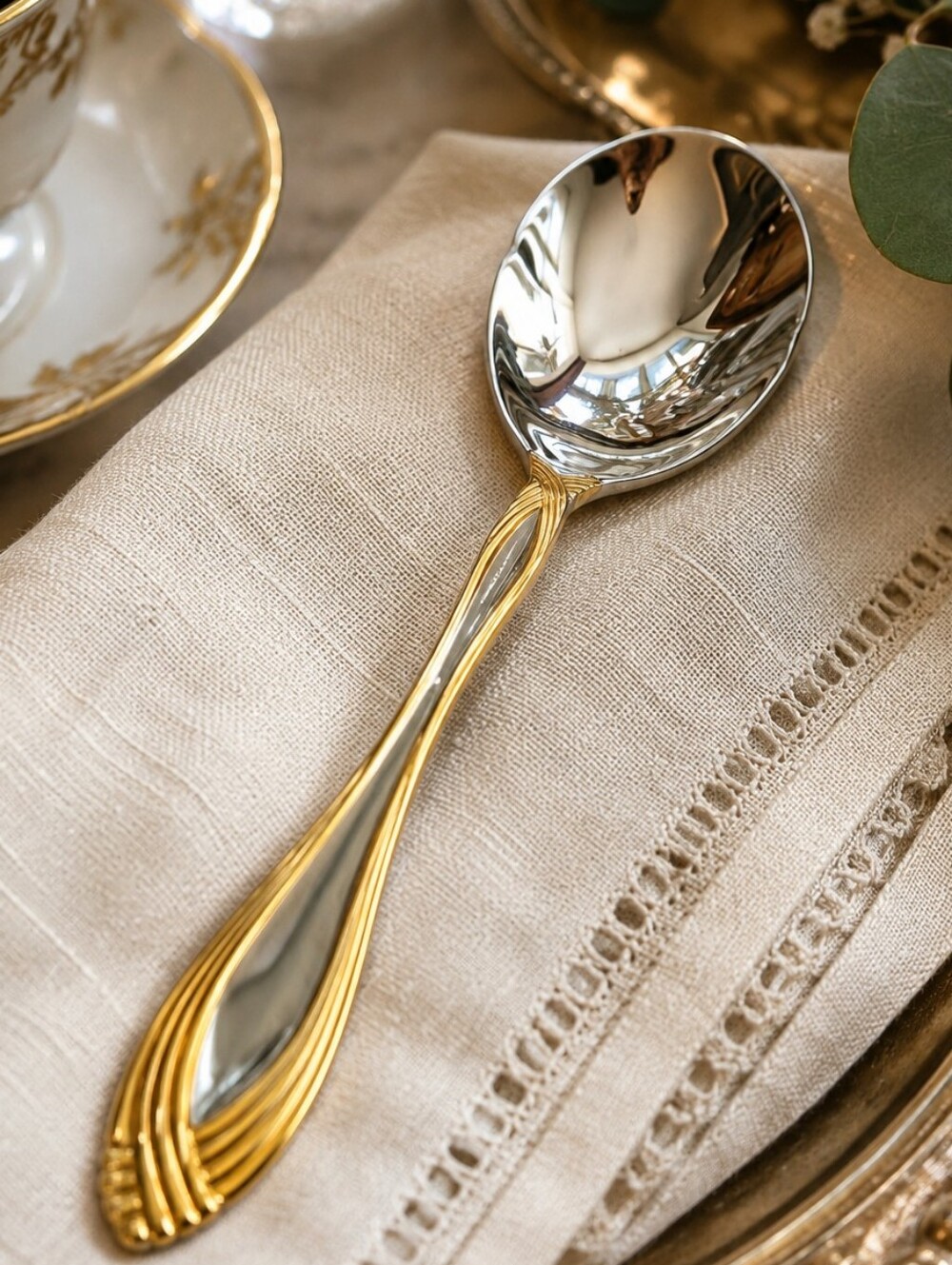 Oneida Community Gold Accent Twist Handle 6" Spoon Vintage Flatware